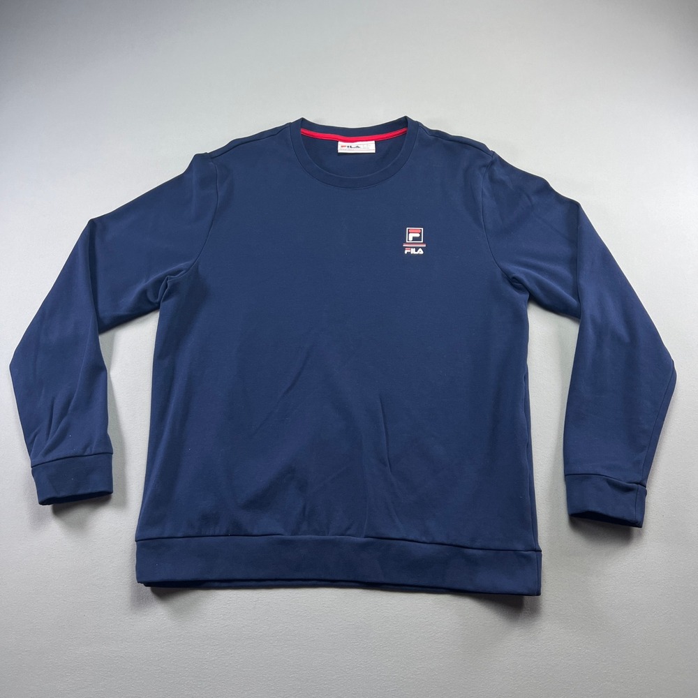 Fila Sweatshirt Mens Large Navy Lightweight Logo Print Cotton Ribbed Crew Neck